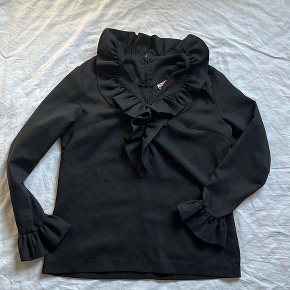 Vintage 80s Black Long-sleeve Blouse with Ruffled collar and sleeves - Sz M - Picture 1 of 8